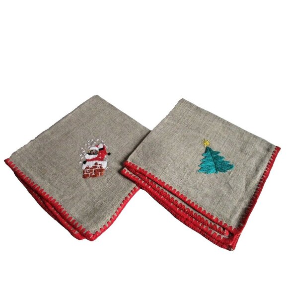 *Vintage Tan Khaki Muslin Holiday Napkins - 7 Asst Christmas Embroidered - Picture 3 of 12